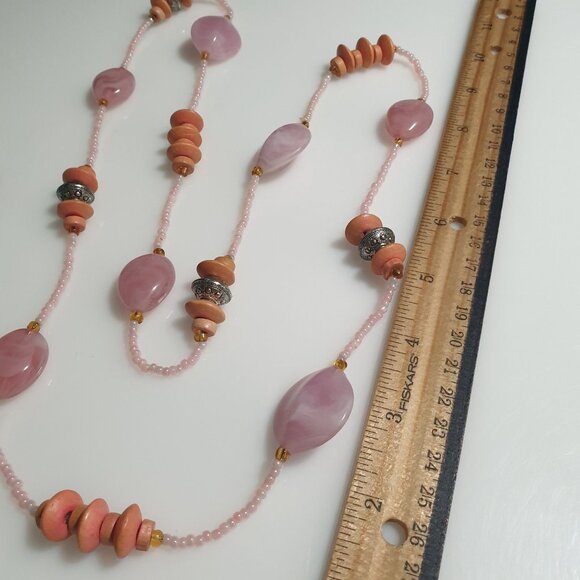 Pink Beaded Necklace Wooden Accents Statement Jewelry 28 In Handmade Rustic Boho - Picture 3 of 4
